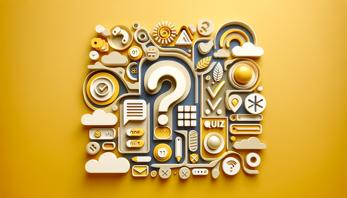 Colorful paper-cutout question marks stars and computer mouse on golden yellow background representing fun online quizzes