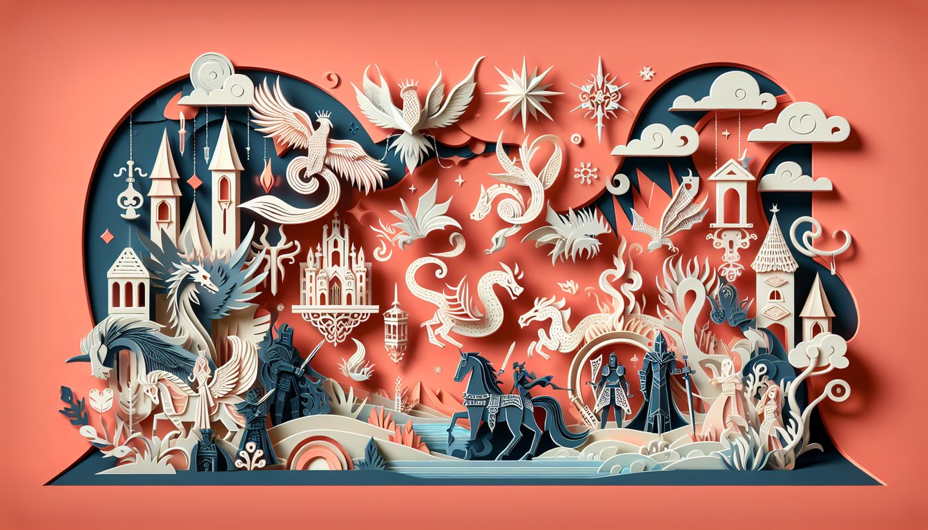 Paper art illustration of Dragon Age hero silhouettes and icons on a coral background promoting a free personality quiz