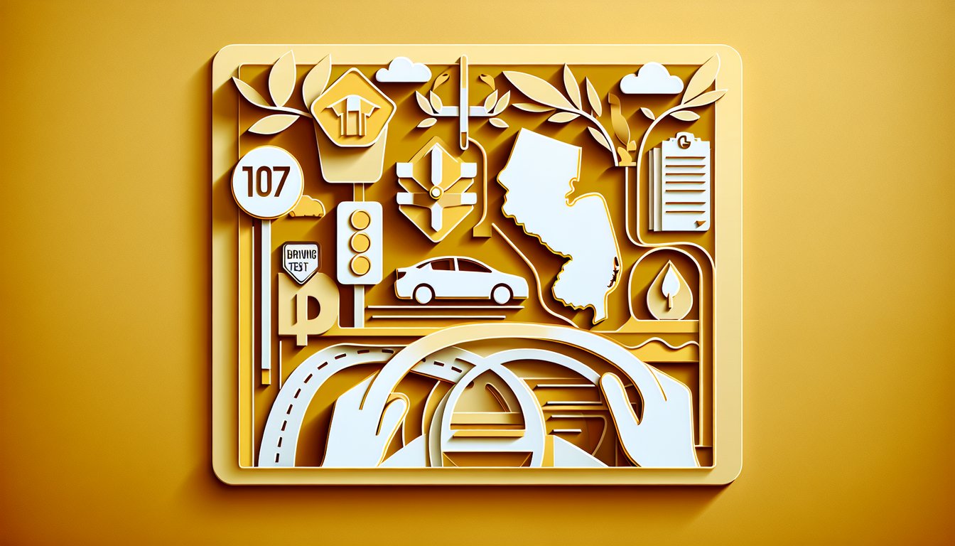 Paper art illustration for New Jersey driving test quiz on a golden yellow background