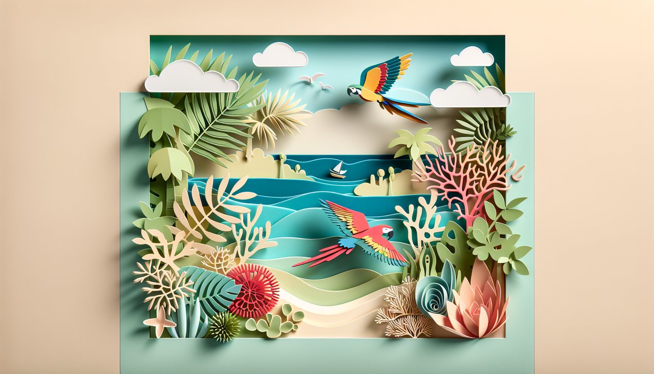 Paper art collage of birds flying over stylized waves and sun on coral backdrop hinting at tropical migration theme.