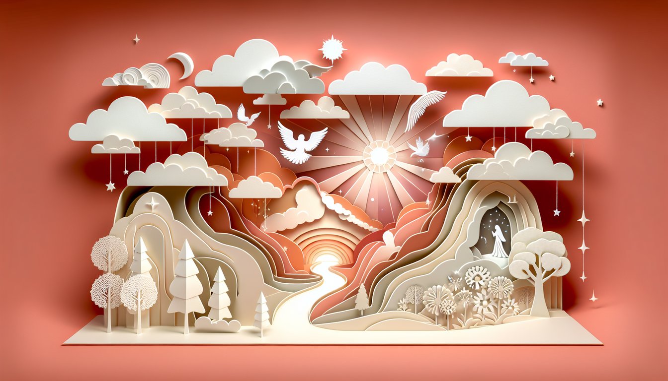 Paper art illustration for guardian angel quiz on a coral background