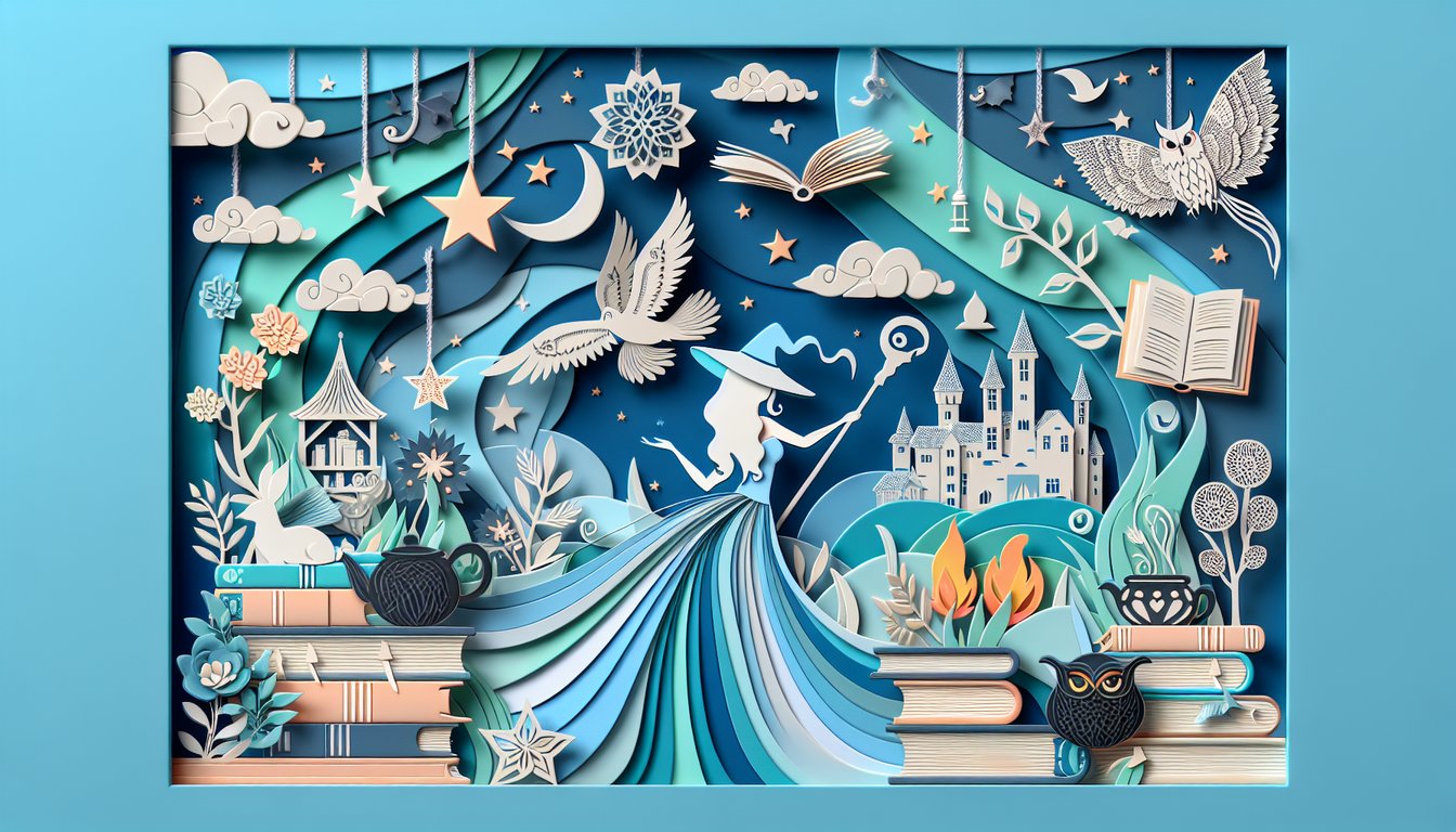 Paper art illustration for Hermione Belle personality quiz on sky blue background