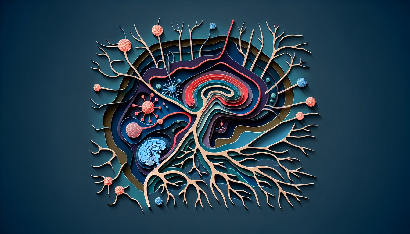 Paper art illustration for a nervous system quiz on a dark blue background