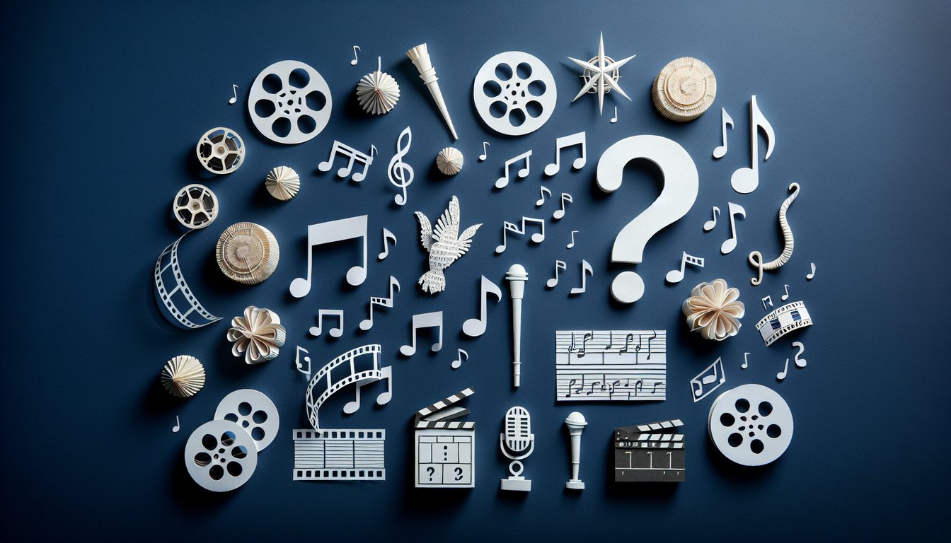 Colorful paper art depicting elements of a Movie Music Trivia Quiz