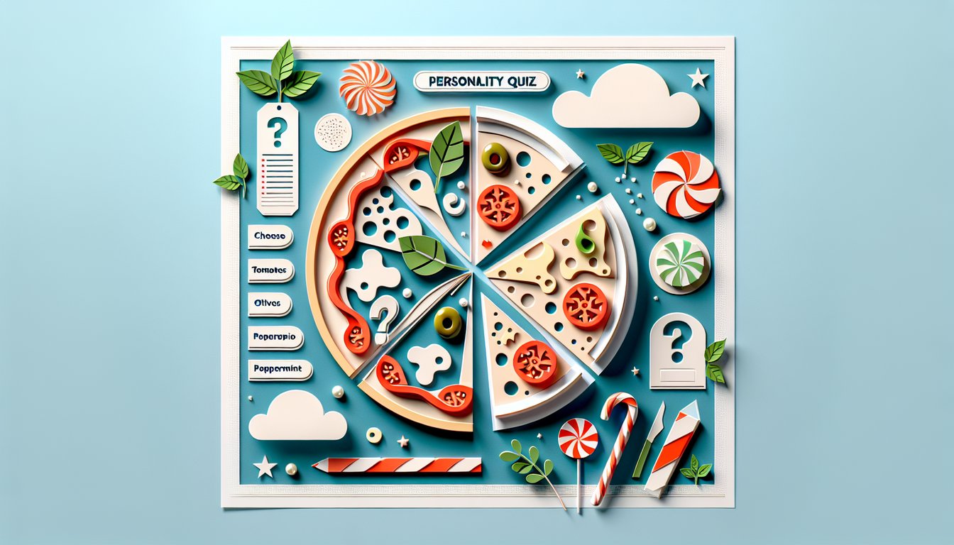 Paper art pizza slices and playful quiz icons on a sky blue background inviting you to discover your pizza personality.