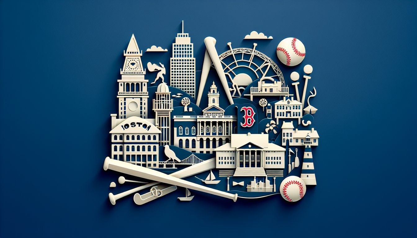 Paper art Boston skyline with quiz books question mark stars on dark blue background inviting trivia challenge