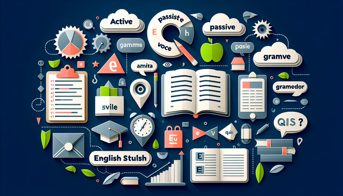 Colorful paper art promoting an engaging English grammar quiz on active vs passive voice.
