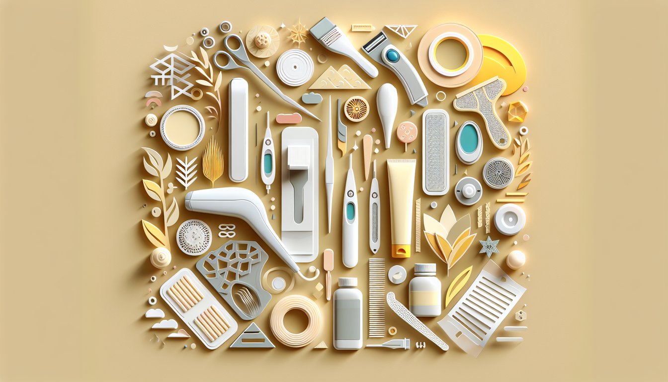 Paper art illustration of waxing strip laser tool hair strands and quiz symbols on golden yellow background