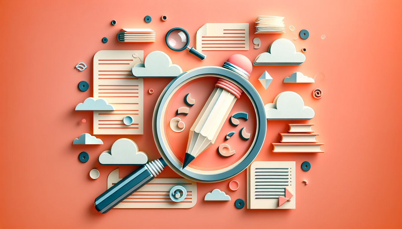 Paper art illustration for comma splice practice quiz on a coral background