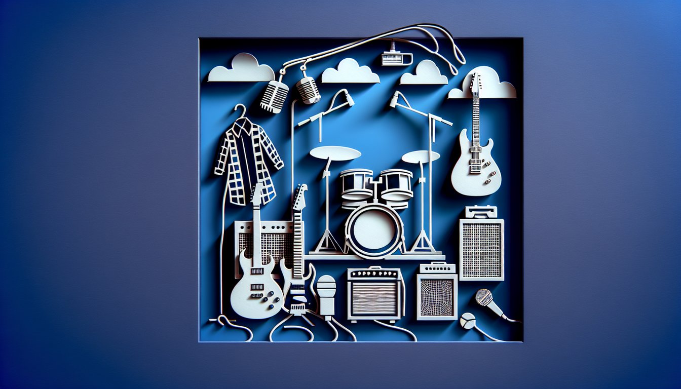 Paper art illustration of three Nirvana member silhouettes with cutout quiz title letters on dark blue background