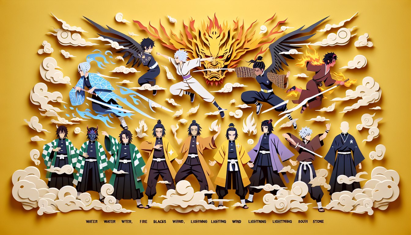 Paper art illustration for Demon Slayer breathing style quiz on a golden yellow background