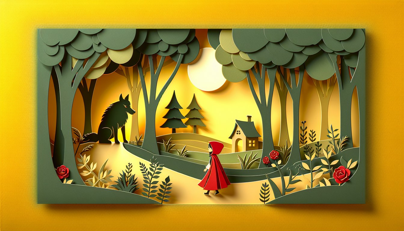 Paper art Little Red Riding Hood with basket wolf grandmother house icons on golden yellow background for trivia quiz