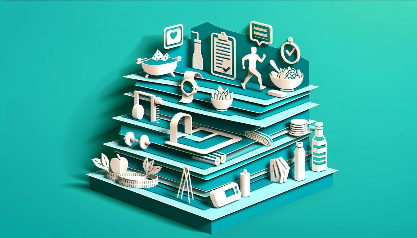 Paper art illustration for Best Diet for Me quiz with fruit icons dumbbell checklist and leafy accents on teal background