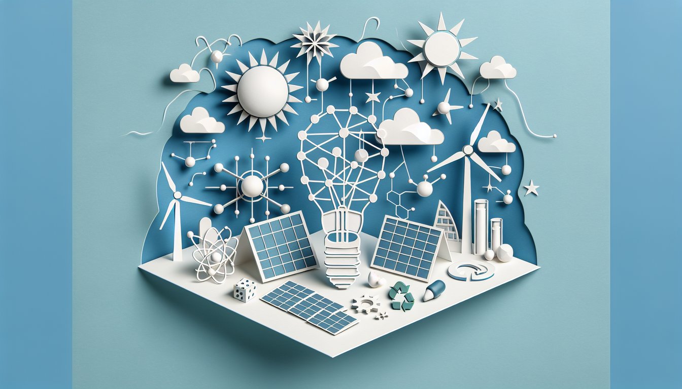 Paper art energy quiz illustration shows layered paper light bulb gears lightning bolt solar panel on sky blue background