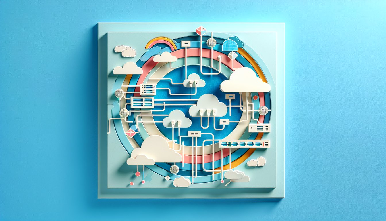 Paper art network topology with routers switches subnets interconnected by paths on sky blue background quiz theme