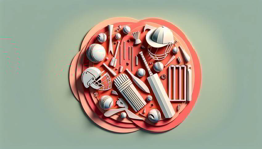 Paper art illustration for cricket legend personality quiz on a coral background