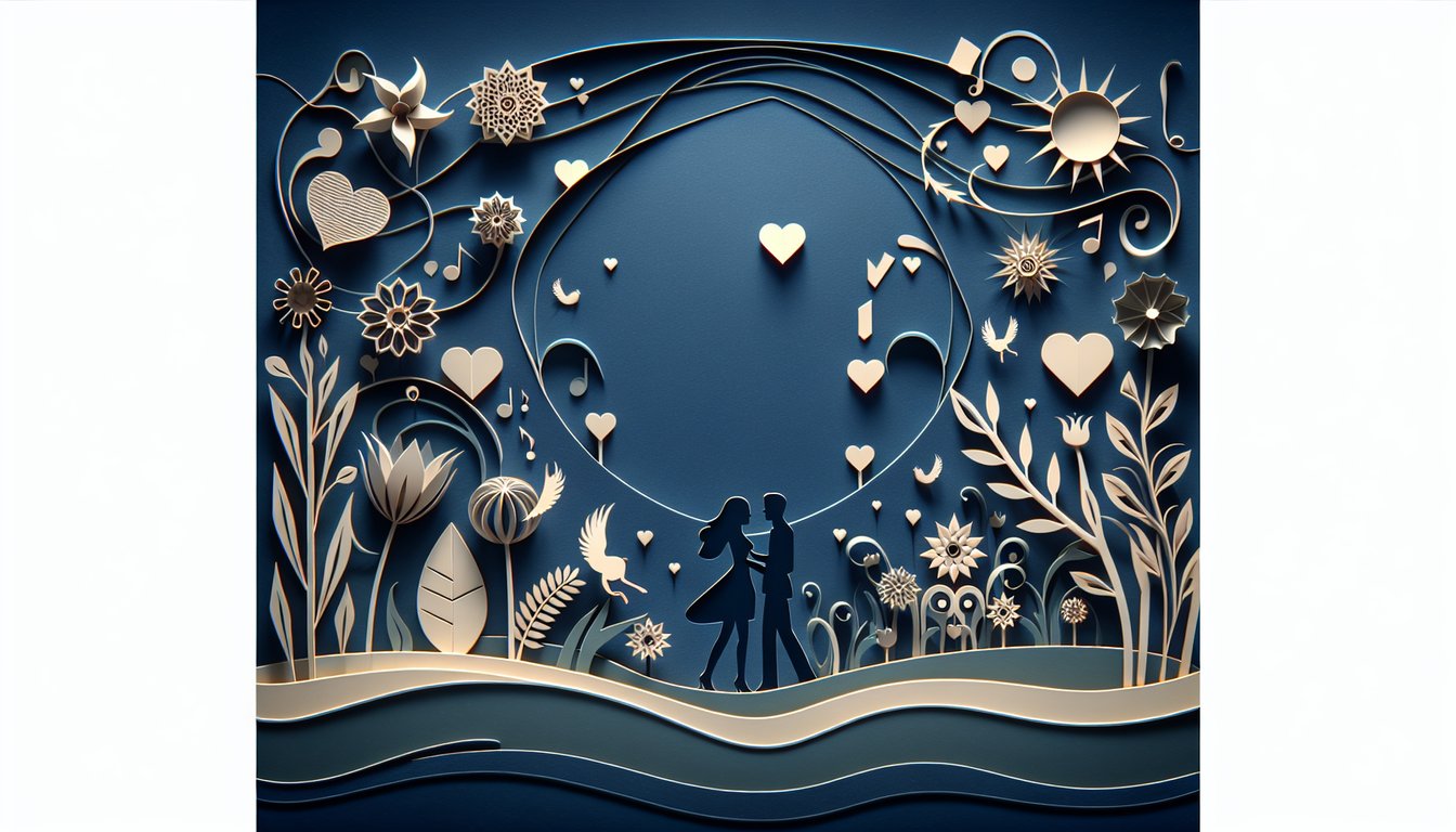 Paper art hearts and question marks on dark blue background representing a free quiz to find a perfect girlfriend match