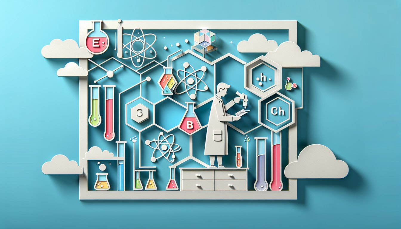 Paper art with 52 element symbols and periodic table tiles on a sky blue background for a chemistry quiz