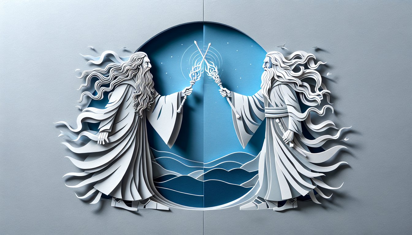 Paper art illustration of Albus Dumbledore and Gandalf facing off on sky blue background for epic wizard quiz