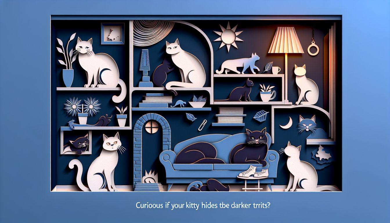 Paper art cat with curious eyes and quiz headline about feline psychopathy on dark blue background