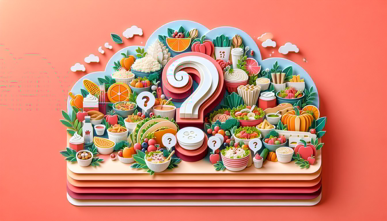 Paper art illustration for a food choice quiz on a coral background