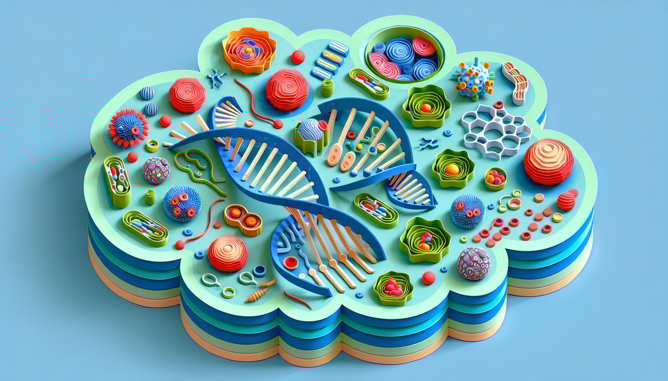 Paper art collage of cells dna strands helices and genetics on sky blue background free Biology 101 quiz chapters 4 and 5