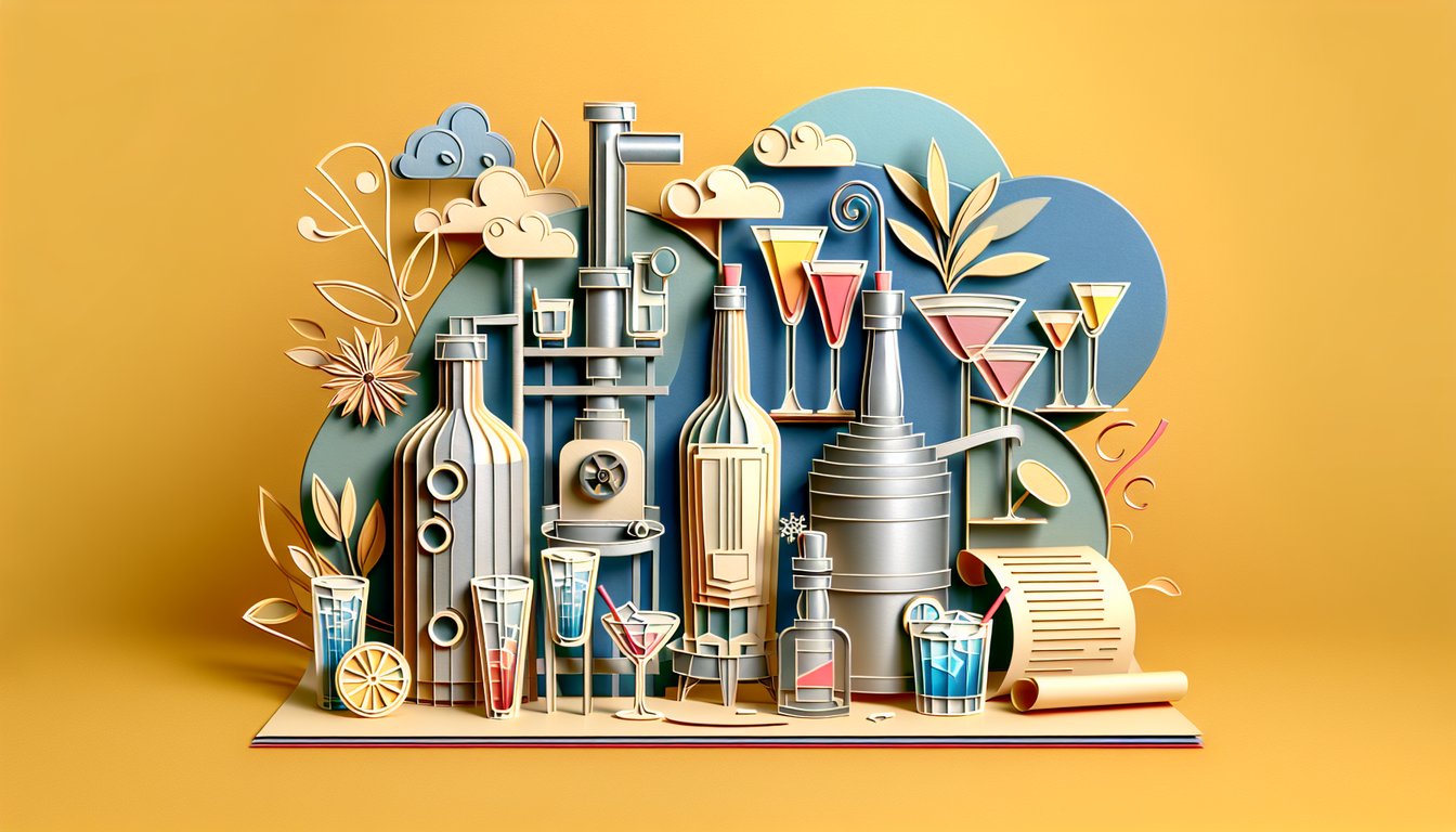 Paper-art illustration with vodka bottle, glass, cocktail, ice cubes, quiz text on golden yellow background