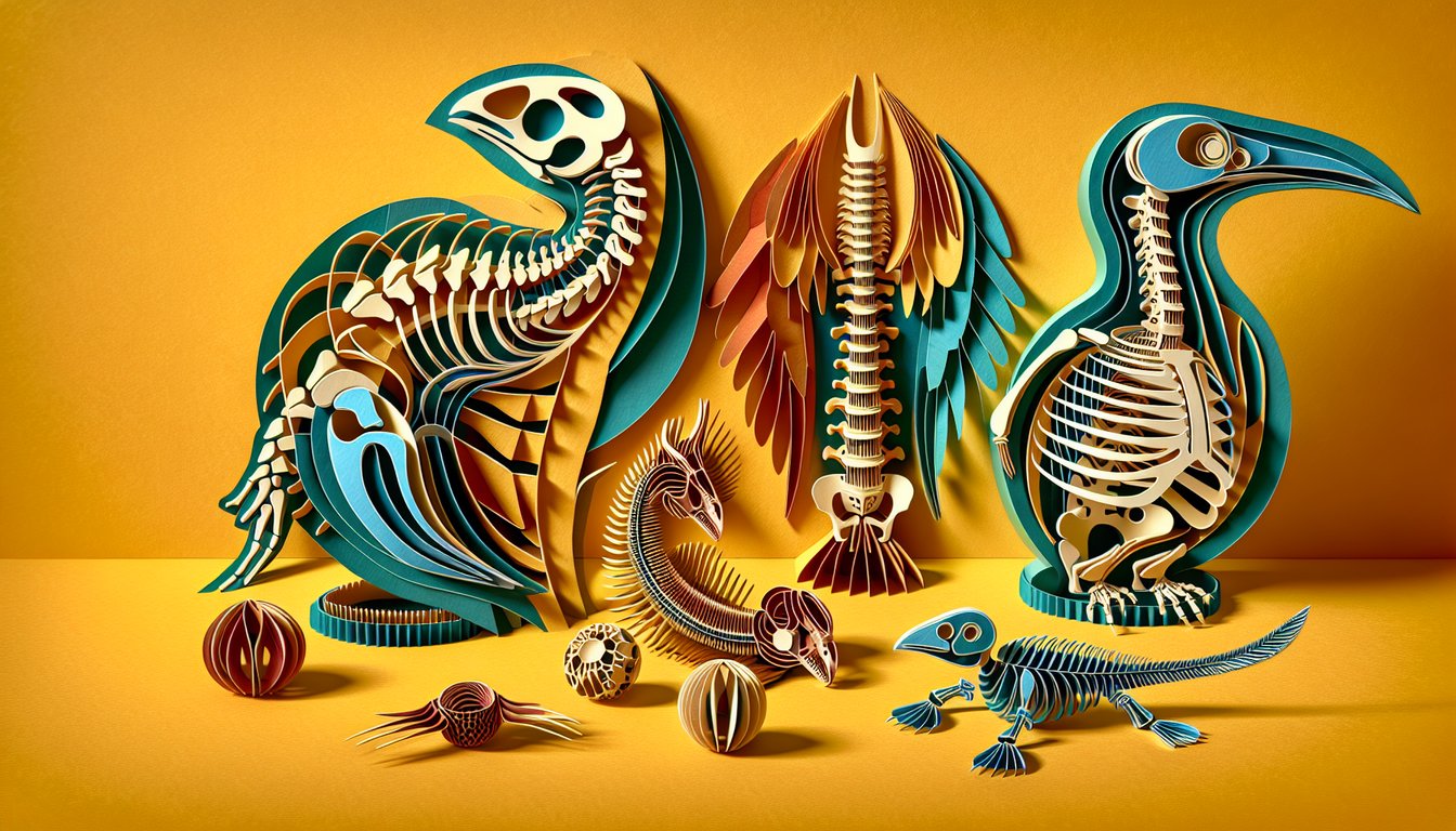 paper art vertebrae models from various animals on golden yellow background for free anatomy quiz challenge