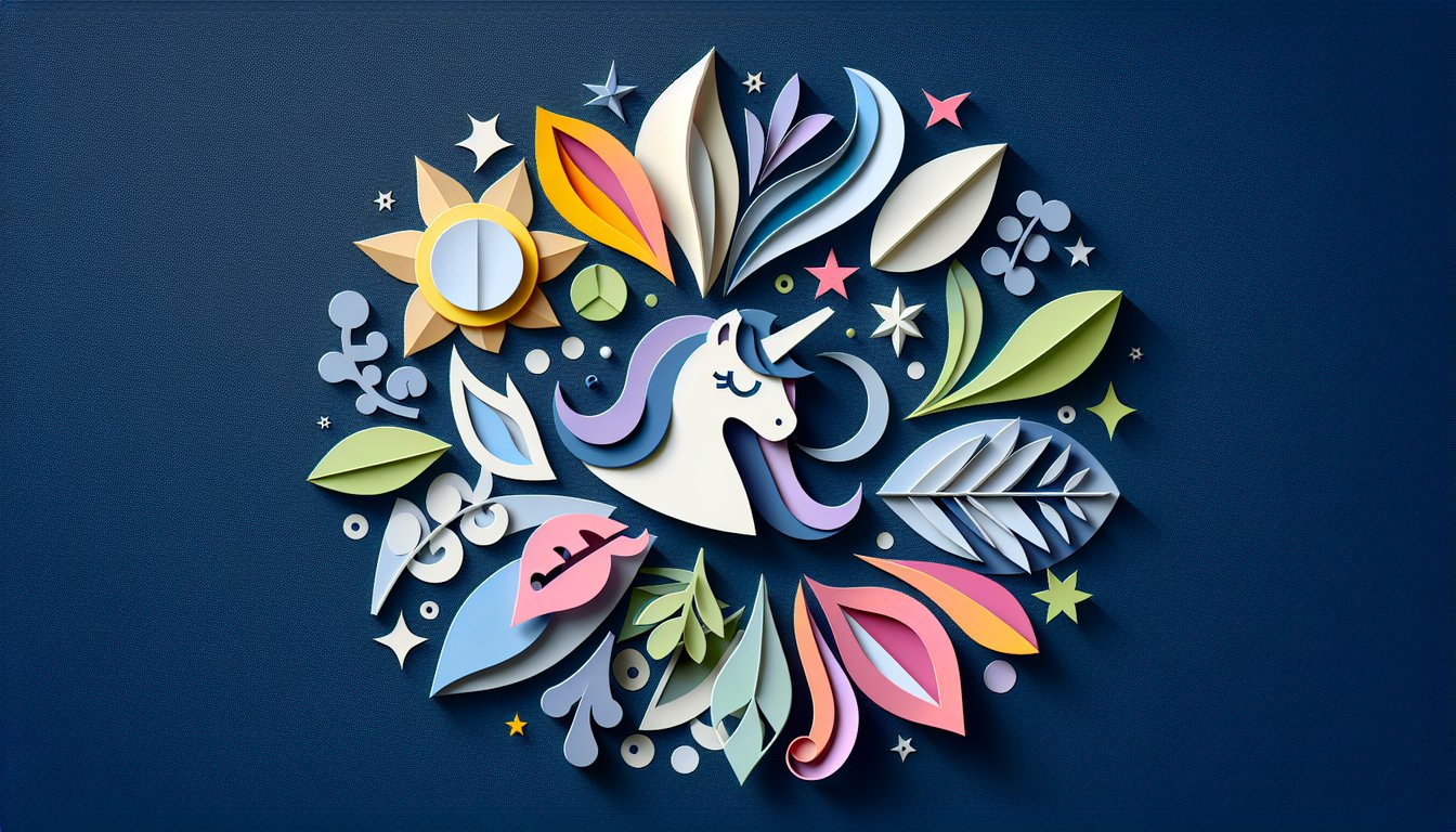 Paper art pony with pastel mane and vibrant cutie mark icons on dark blue background