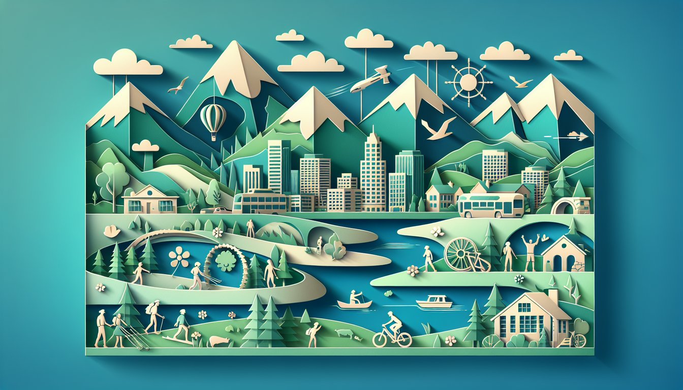 Paper art illustration for quiz on discovering your perfect Colorado city on a teal background