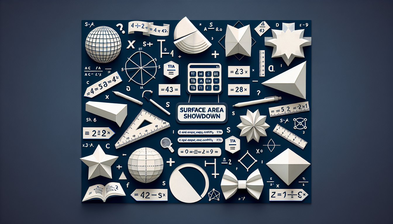 Colorful paper art promoting Surface Area Showdown, a geometry quiz for high school students.