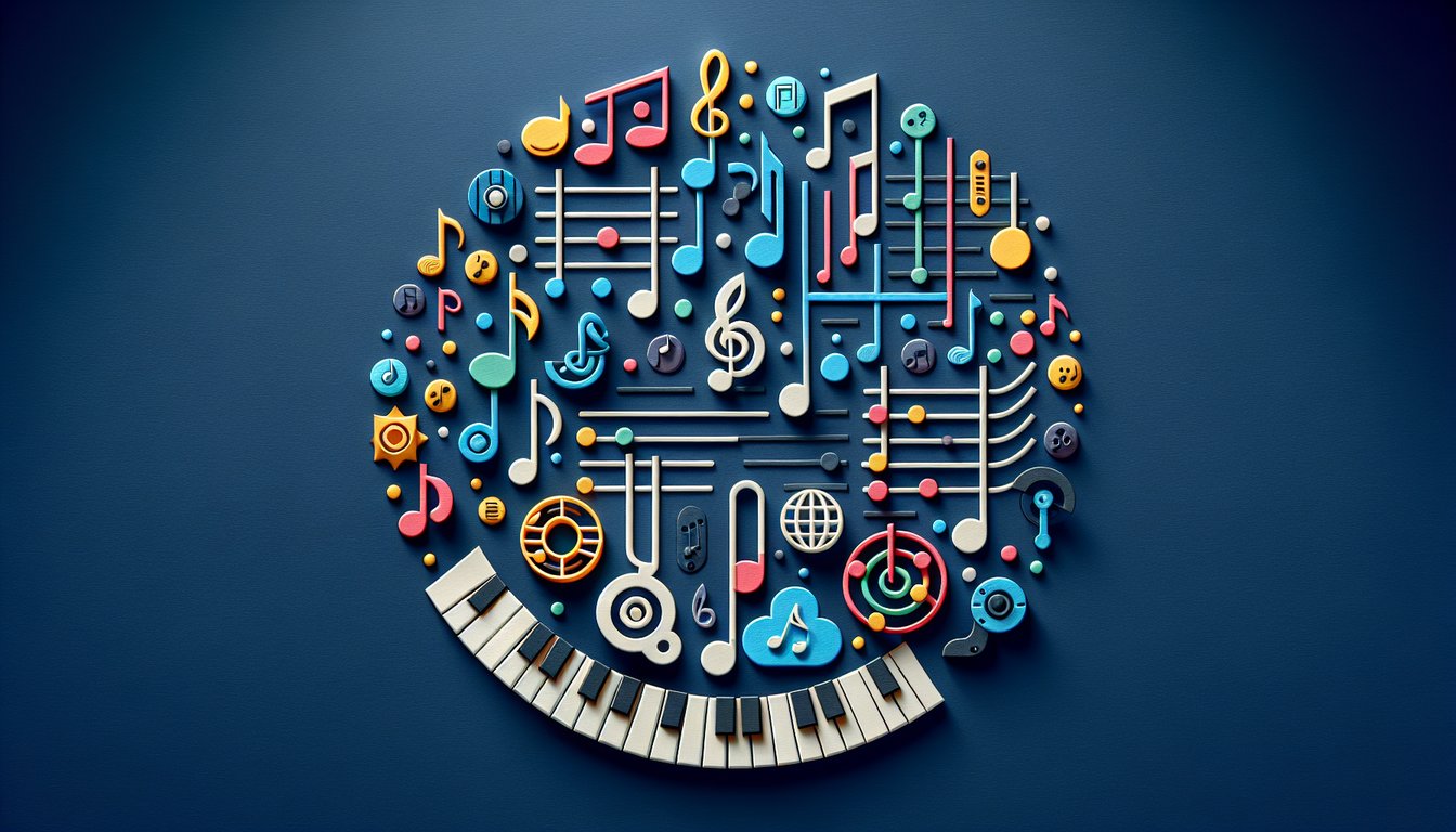 Colorful paper art depicting elements of a Music Theory Diagnostic Test quiz.