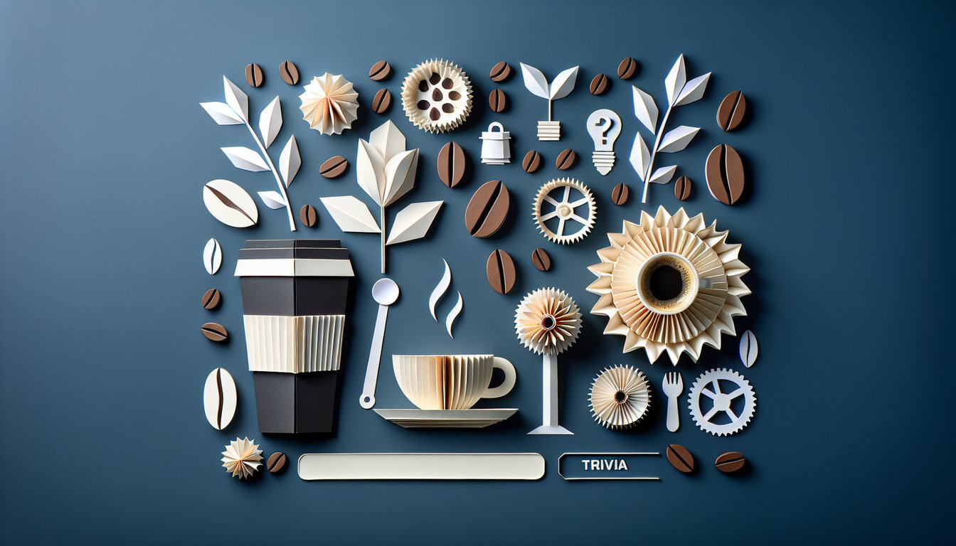 Colorful paper art displaying elements related to coffee for a knowledge quiz