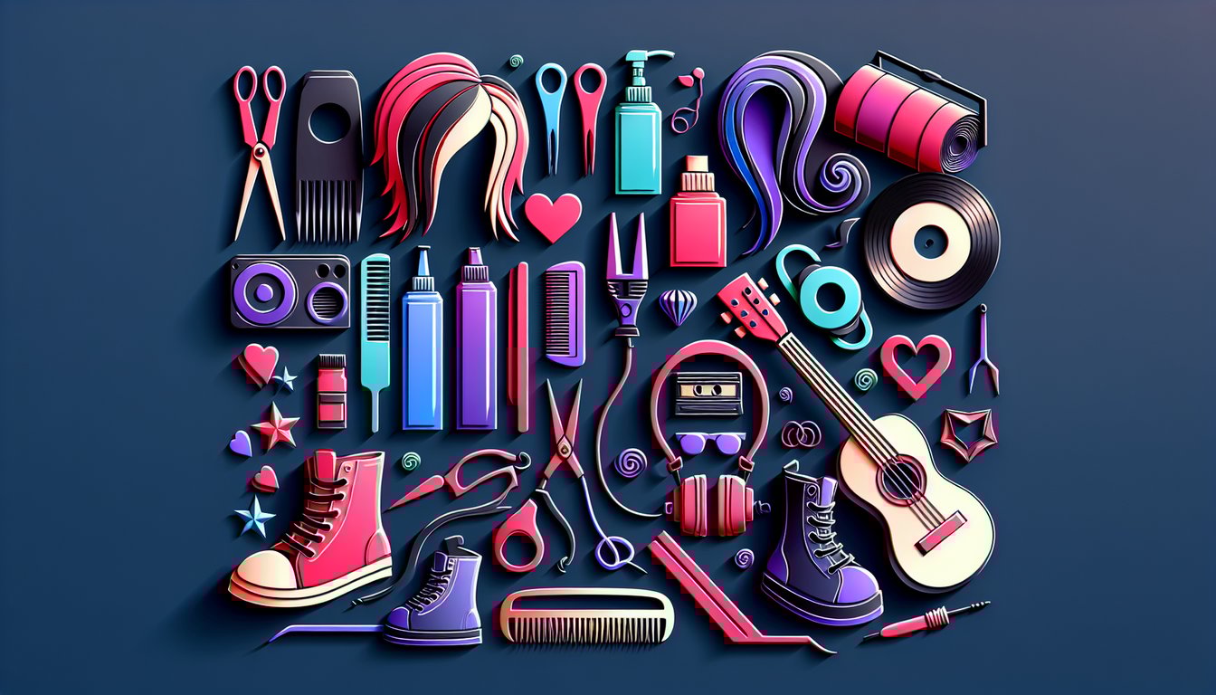 Paper art illustration of emo haircut tools and hair strands on dark blue background