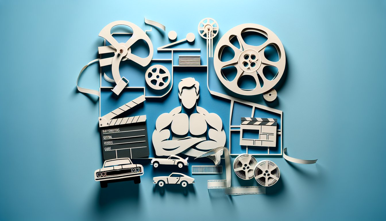 Paper art movie icons film reels star silhouettes on sky blue background quiz prompt for Dwayne Johnson movie trivia