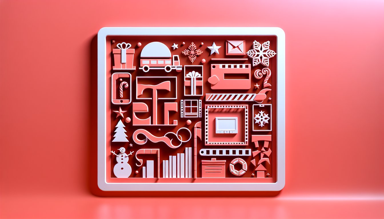 paper art elf trivia quiz on coral background with holiday bells, gifts, leaves