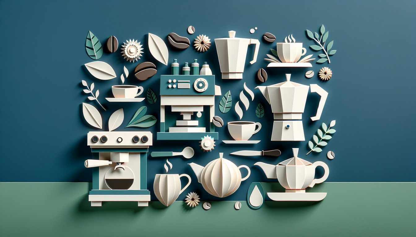 Paper art style coffee cup and teacup icons on teal background with quiz text inviting coffee or tea personality challenge.