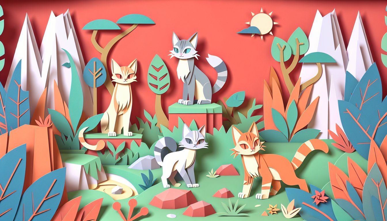 Paper art illustration promoting a Warrior Cats OC quiz on a coral background