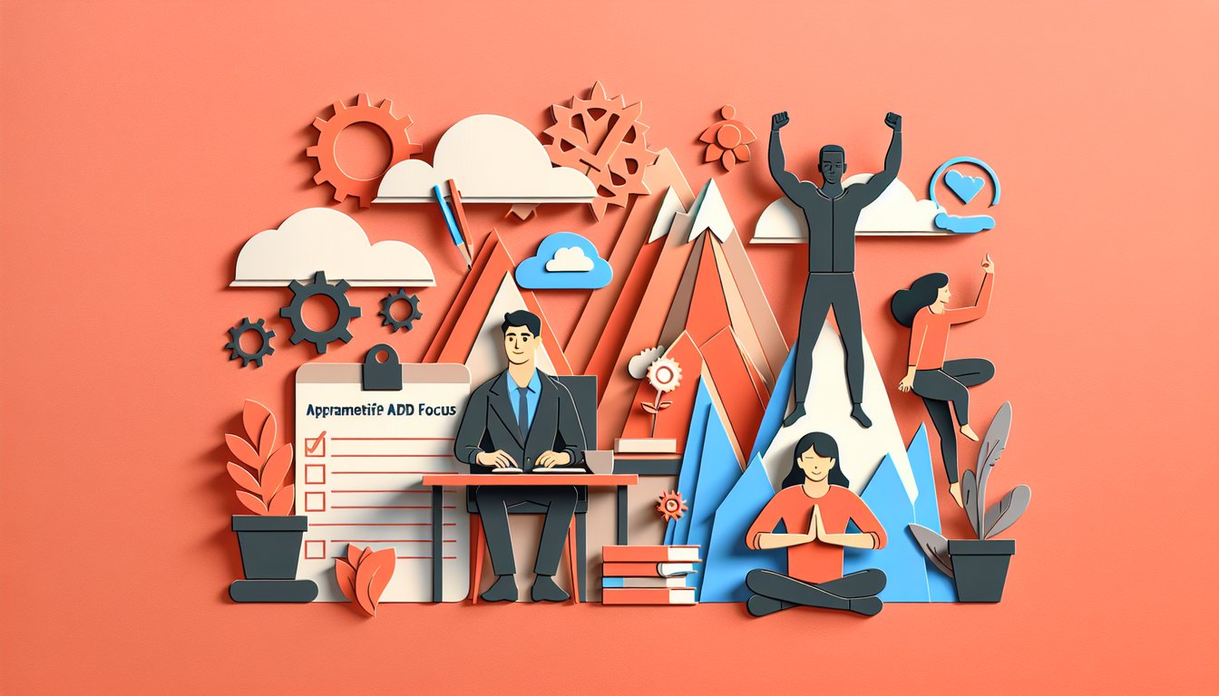 paper art illustration of high functioning ADHD quiz prompt on coral background with checklist and decorative shapes