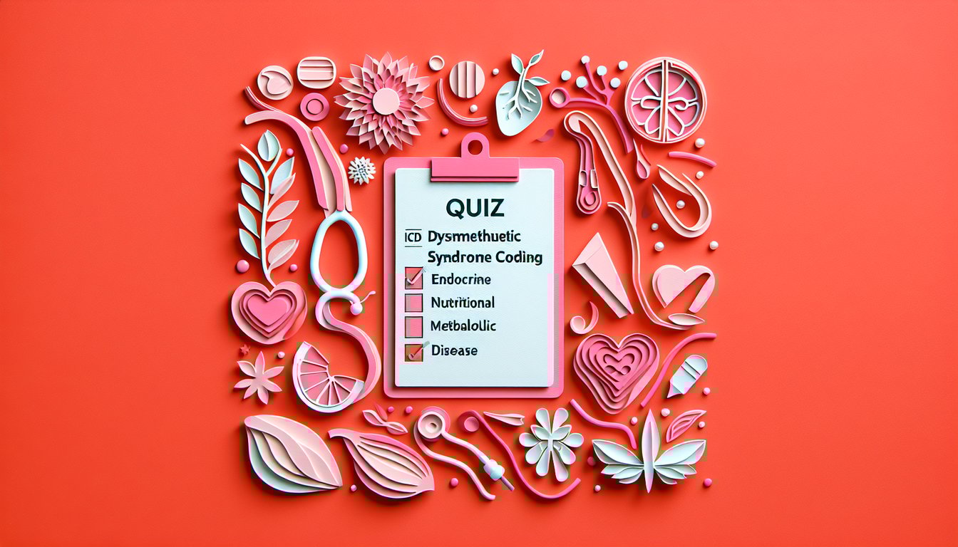 Paper art illustration for ICD-10 Dysmetabolic Syndrome coding quiz on coral background with medical icons.