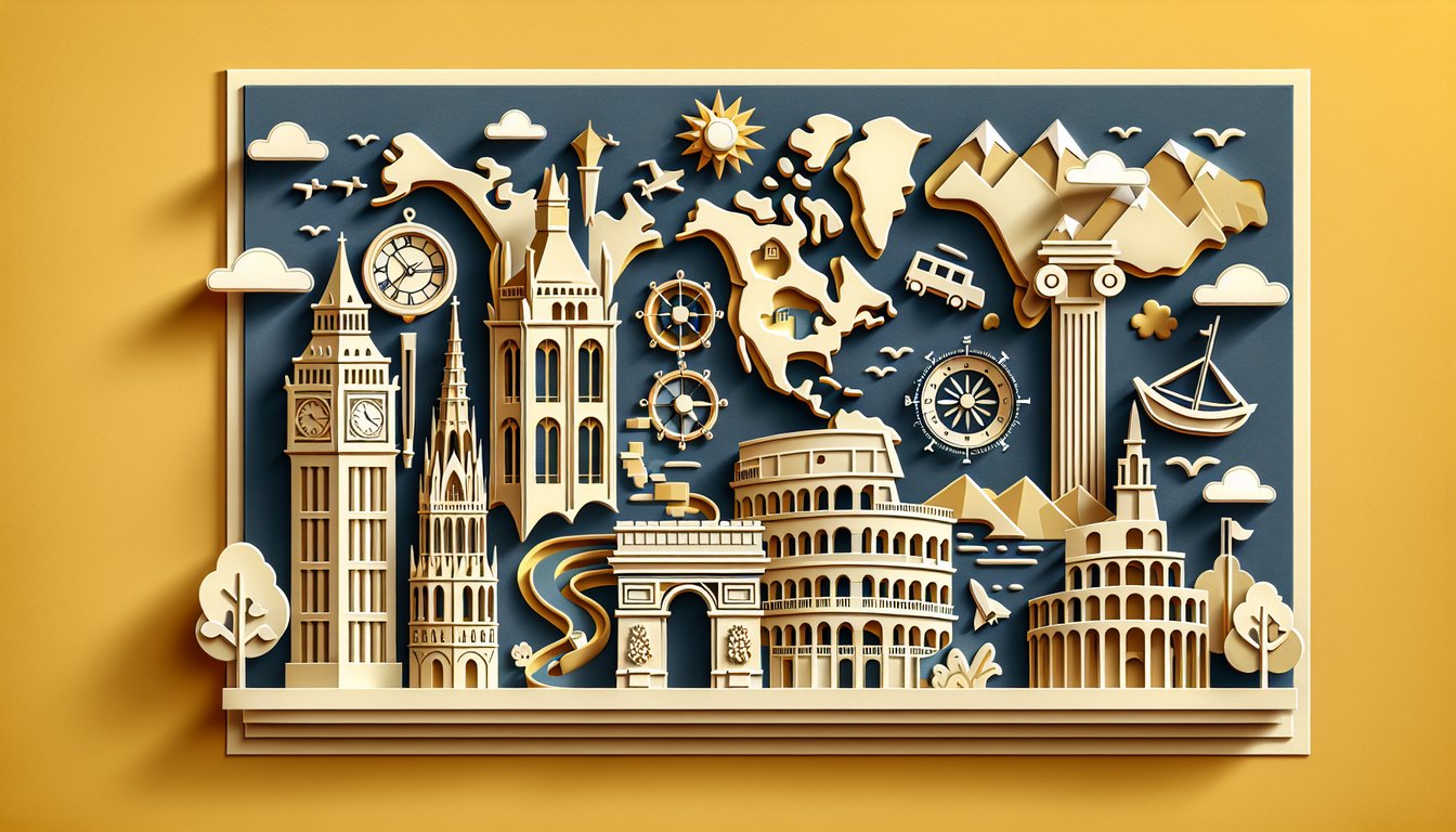 Paper art style map of Europe over yellow background, European countries quiz capitals borders geography