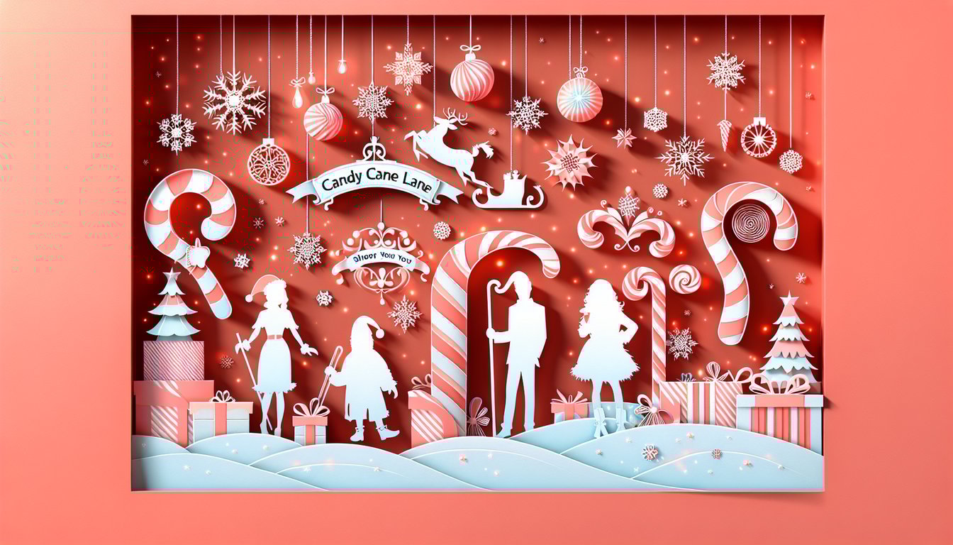 Paper art candy cane lane quiz banner with festive movie characters on coral background