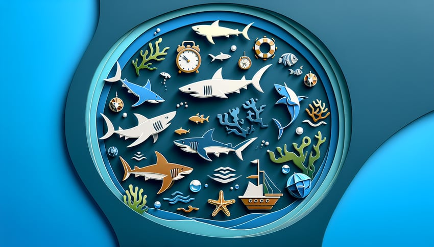 Paper art illustration for shark personality quiz on a dark blue background