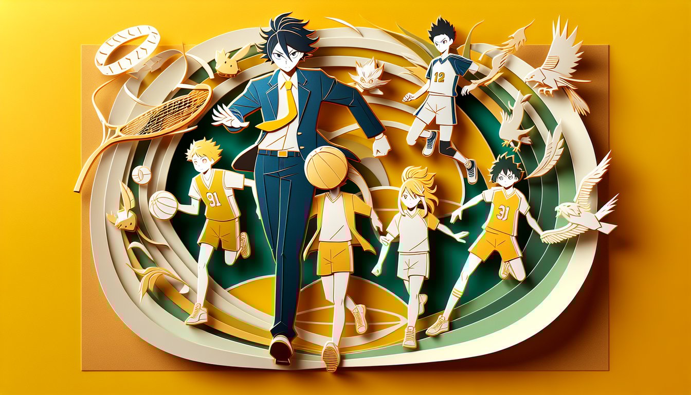 Paper art volleyball players and quiz icons on golden yellow background test fans hard Haikyuu knowledge