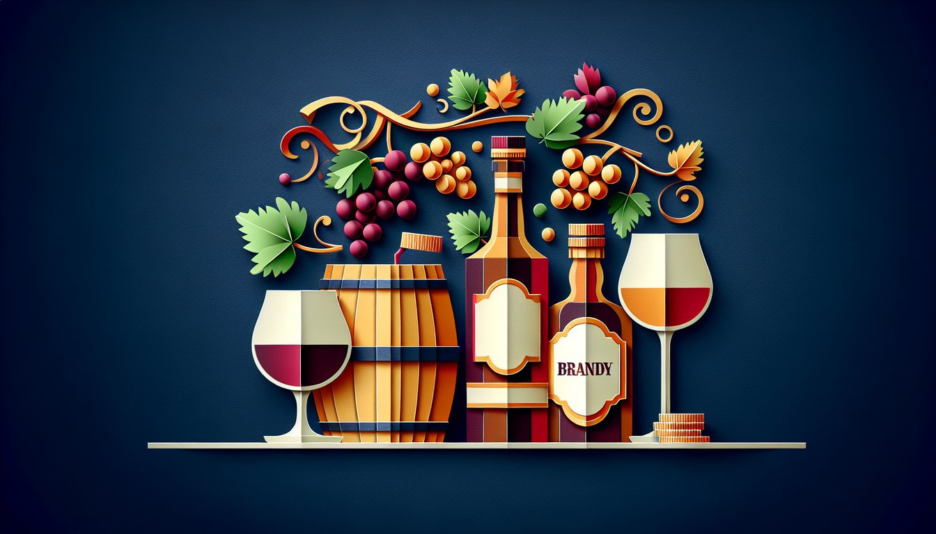 Colorful paper art depicting a brandy bottle and glass for a Brandy Knowledge Quiz