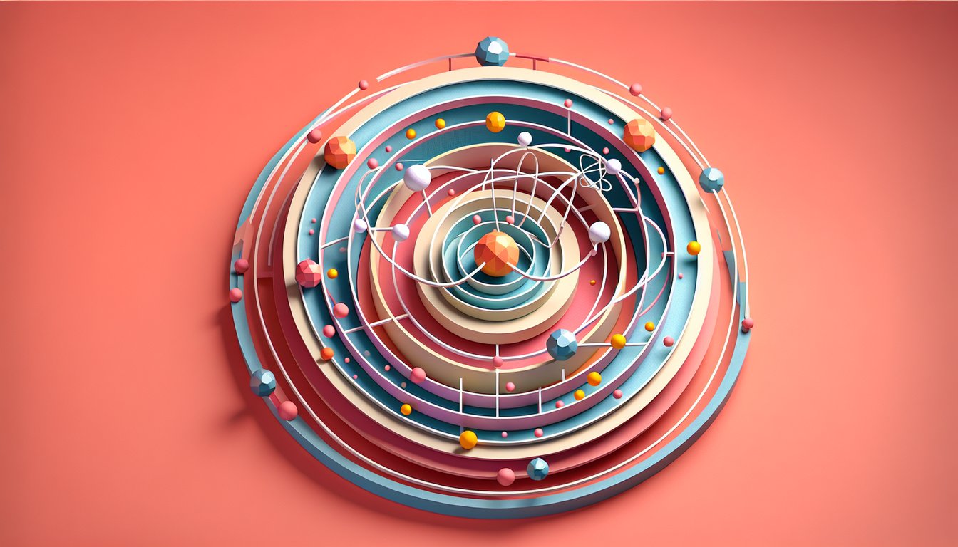 paper art illustration atoms with electrons orbiting a nucleus periodic icons on coral background atomic structure quiz