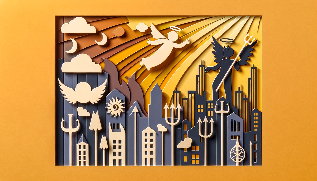 Paper art illustration for The Good Place trivia quiz on a golden yellow background