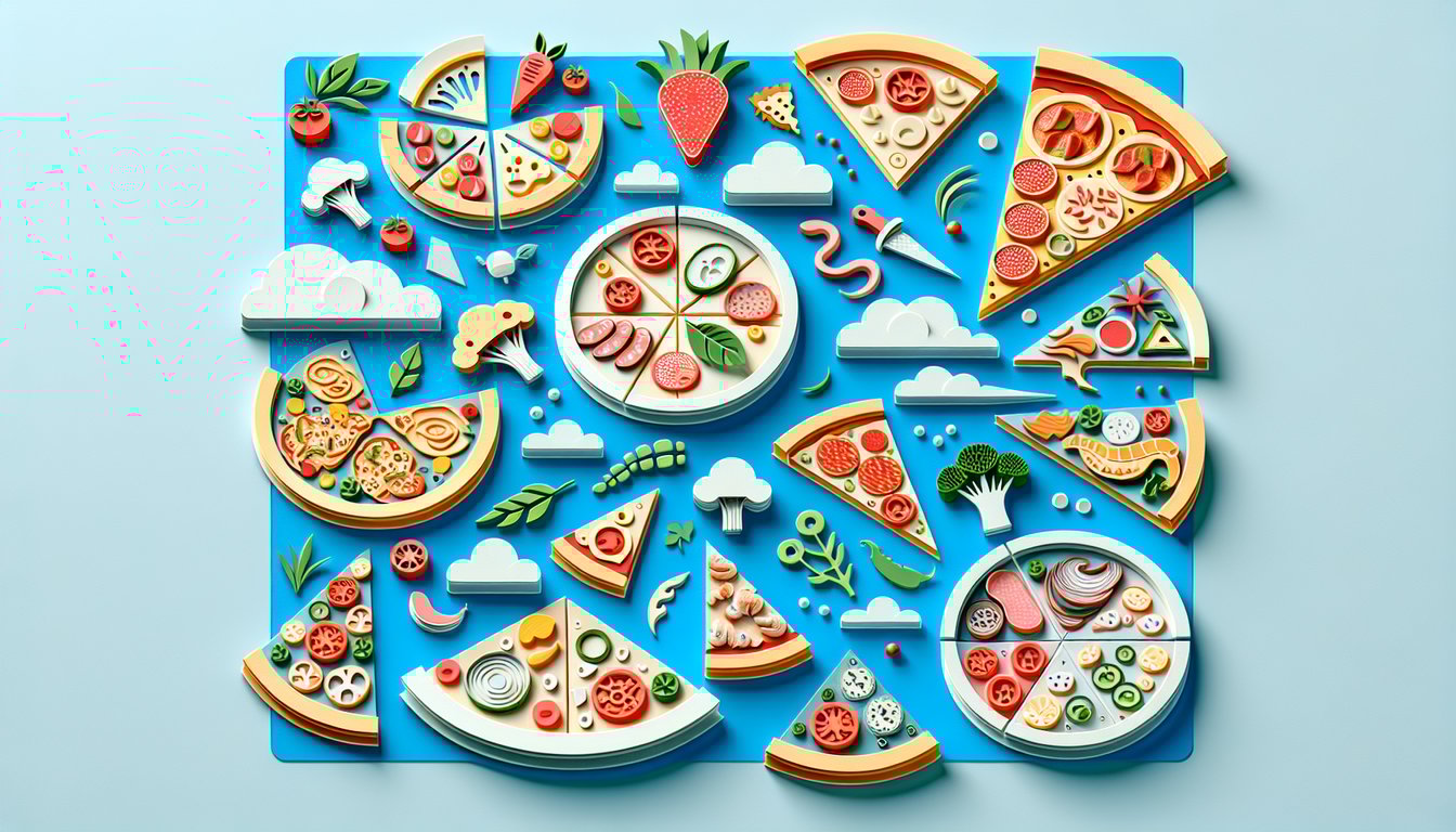 Paper art illustration for pizza personality quiz on a sky blue background