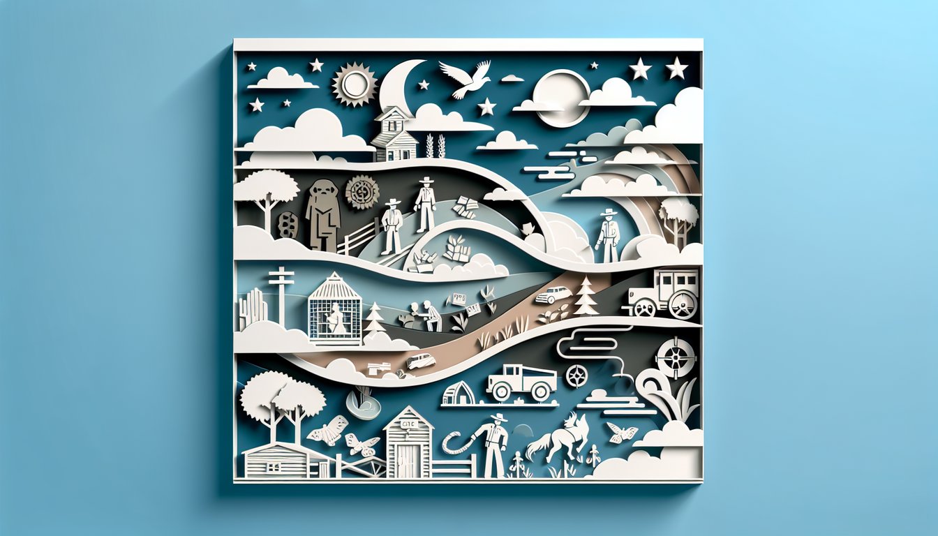 Paper art illustration of Of Mice and Men Chapter 4 quiz banner featuring Crooks silhouette on sky blue background