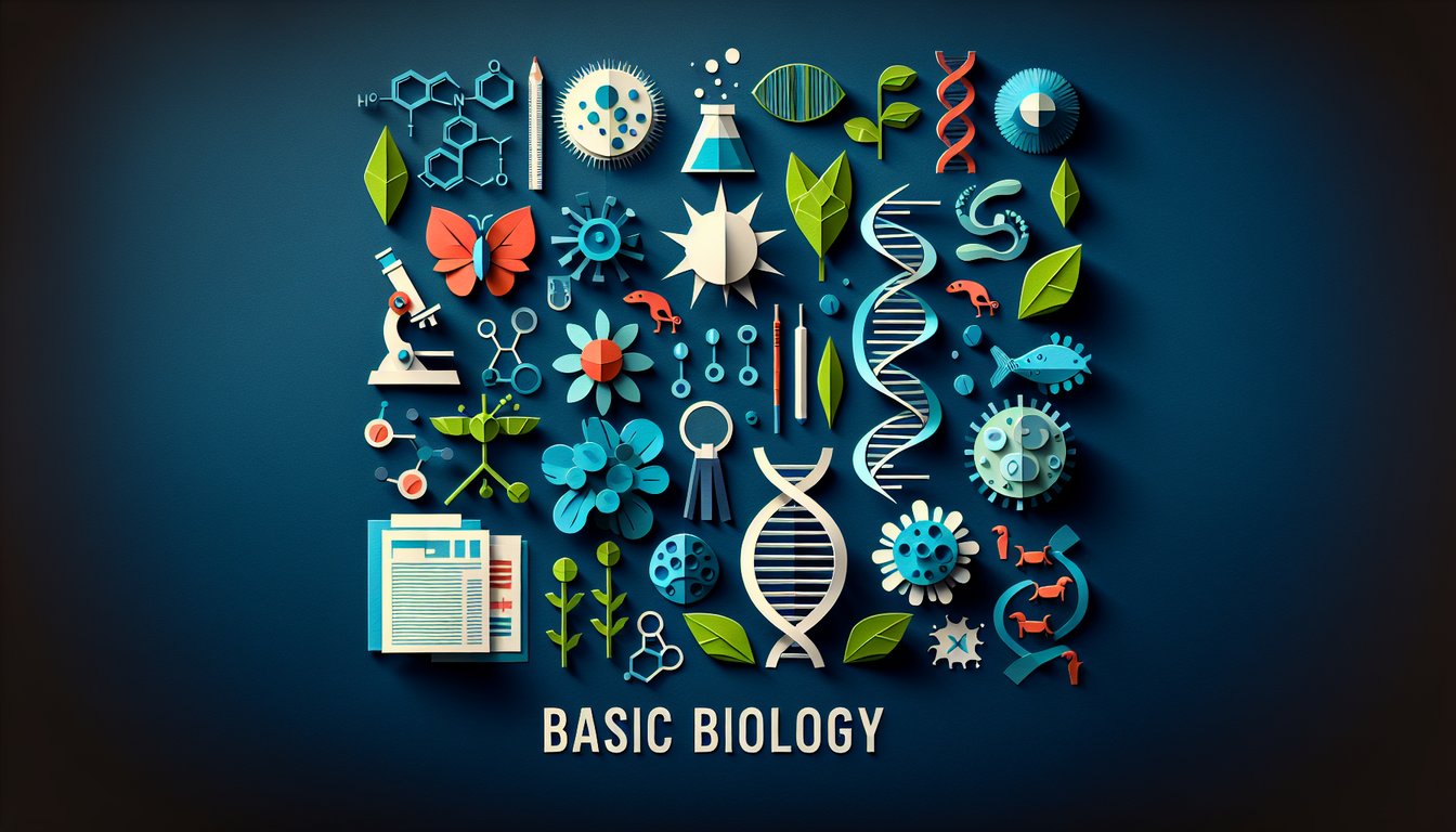 Colorful paper art depicting elements related to an Introductory Biology Quiz.